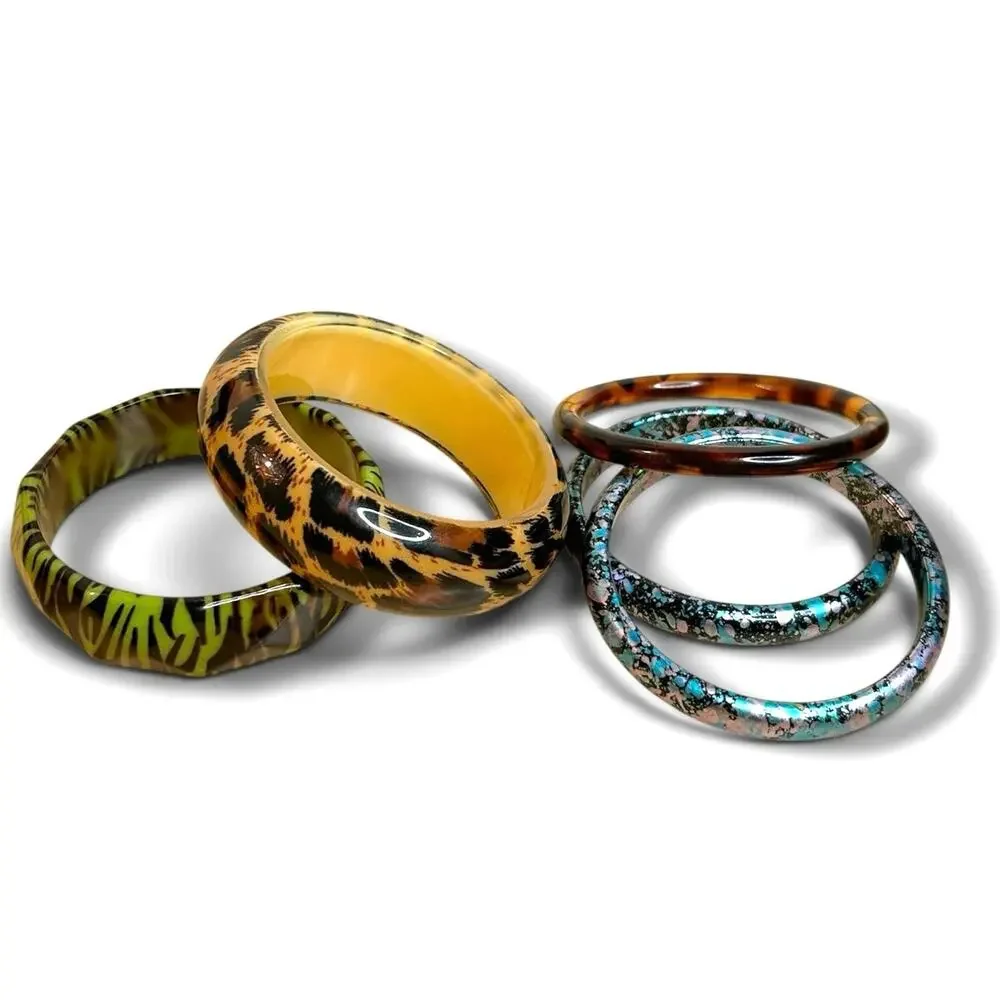Chunky Acrylic Bangle Stack Multi Color Safari Animal Print Splatter Bracelets